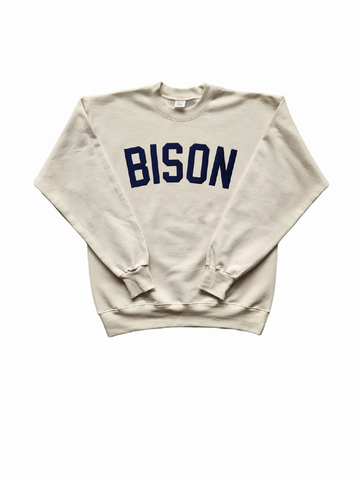 "BISON Bold" Natural/Navy Single Layer Raised Graphic Unisex Crewneck Sweatshirt