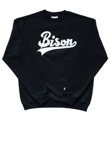 "BISON Cursive" Black/White Single Layer Raised Graphic Unisex Crewneck Sweatshirt