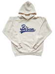 "BISON Cursive" Natural/Navy Single Layer Raised Graphic Unisex Hooded Sweatshirt