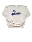 "BISON Cursive" Natural/Navy Single Layer Raised Graphic Unisex Crewneck Sweatshirt