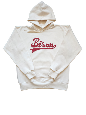 "BISON Cursive" Natural/Cardinal Single Layer Raised Graphic Unisex Hooded Sweatshirt