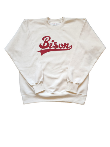 "BISON Cursive" Natural/Cardinal Single Layer Raised Graphic Unisex Crewneck Sweatshirt