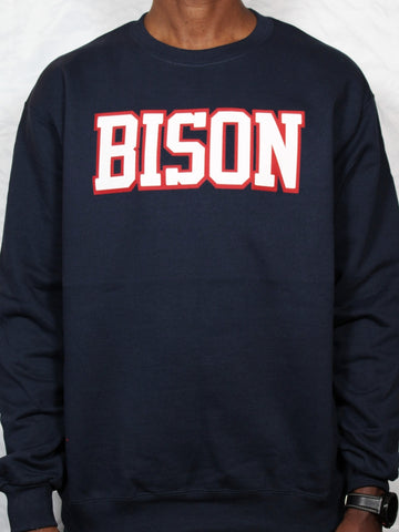 "BISON Varsity" Navy Blue/Red/White Double Layer Raised Graphic Unisex Crewneck Sweatshirt