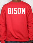 "BISON Varsity" Red/White Single Layer Raised Graphic Unisex Crewneck Sweatshirt