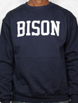 "BISON Varsity" Navy Blue/White Single Layer Raised Graphic Unisex Crewneck Sweatshirt