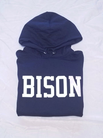 "BISON Varsity" Navy Blue/White Single Layer Raised Graphic Unisex Hooded Sweatshirt