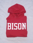 "BISON Varsity" Red/White Single Layer Raised Graphic Unisex Hooded Sweatshirt
