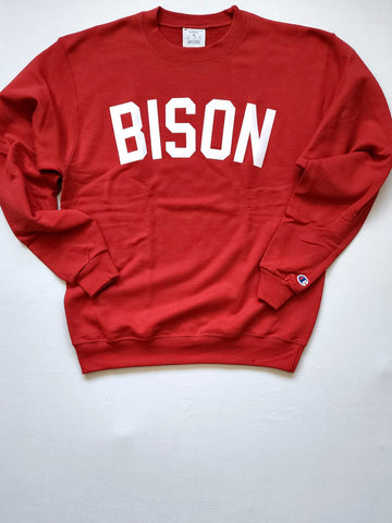 "BISON Bold" Red/White Single Layer Raised Graphic Unisex Crewneck Sweatshirt