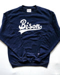 "BISON Cursive" Navy Blue/White Single Layer Raised Graphic Unisex Crewneck Sweatshirt