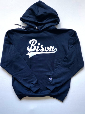 "BISON Cursive" Navy Blue/White Single Layer Raised Graphic Unisex Hooded Sweatshirt