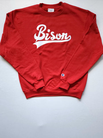 "BISON Cursive" Red/White Single Layer Raised Graphic Unisex Crewneck Sweatshirt