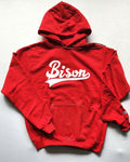 "BISON Cursive" Red/White Single Layer Raised Graphic Unisex Hooded Sweatshirt