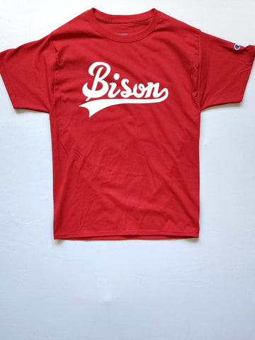 "BISON Cursive" Red/White Unisex Short Sleeve T-Shirt