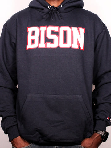 "BISON Varsity" Navy Blue/Red/White Double Layer Raised Graphic Unisex Hooded Sweatshirt